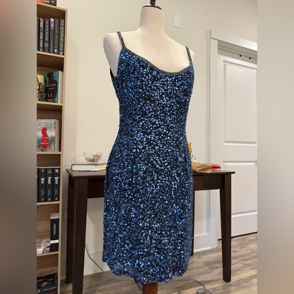 Oleg Cassini Blue Sequin Bodycon Cocktail Dress - Picture 1 of 6
